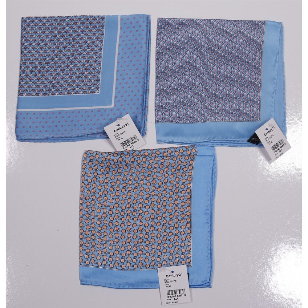 Lot of 3 Blue Hand Rolled Silk Print Pocket Squares Turtles Elephants Fish New